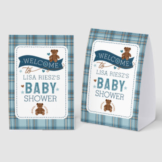 Plaque De Table Tartan Teddy Bear  Baby Boy Shower Sign