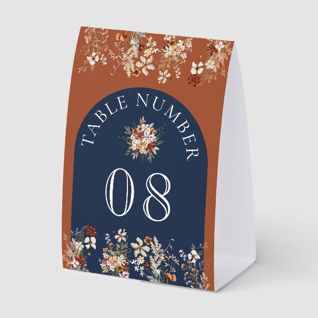 Plaque De Table Terracotta Wildflower Navy Wedding Table Number (Recto)