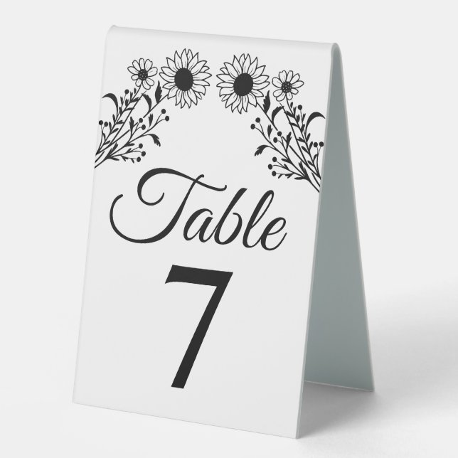 Plaque De Table Tournesol rustique Noir Blanc Floral Numéro Mariag (Recto)