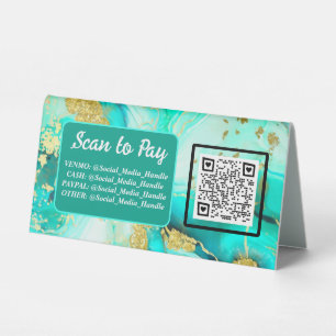 Plaque De Table Turquoise Bleu Encre d'alcool QR Paiement Marché d