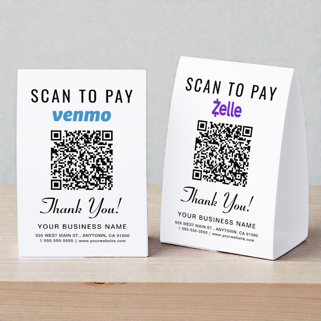 Plaque De Table Venmo Zelle Code QR Scan Pour Payer (Venmo Zelle QR Code Scan To Pay Paper Table Tent)
