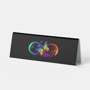 Plaque De Table Vibrant infinity with rainbow butterfly on black