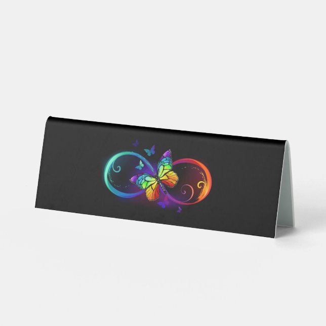 Plaque De Table Vibrant infinity with rainbow butterfly on black (Recto)