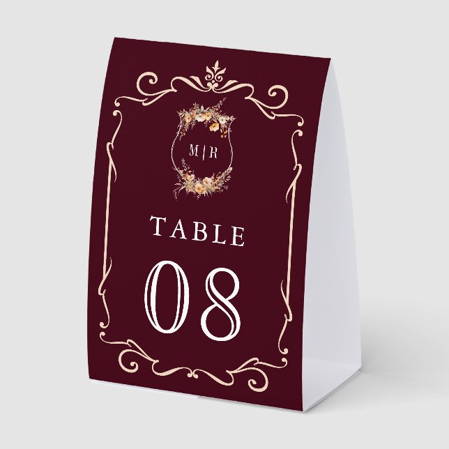 Plaque De Table Wildflower Crest Burgundy Wedding Table Number (Recto)