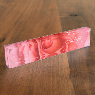 Plaque nominative gouttes d'eau de rose rose rouge