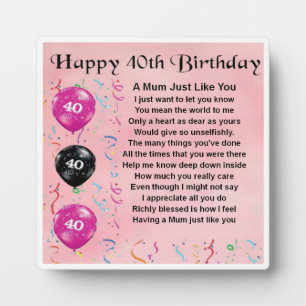 Plaque Photo 40e Birthday Mum Poem