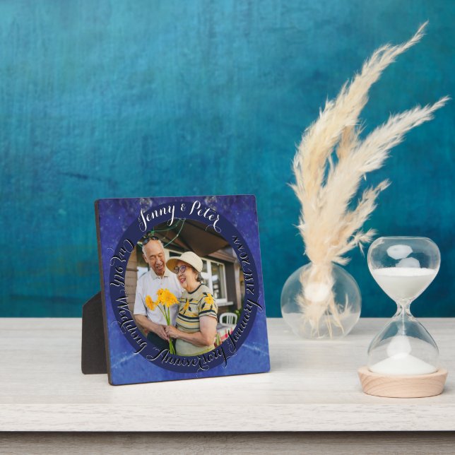 Plaque Photo 9e anniversaire Mariage ronde Lapis Lazuli cadre (Insitu)