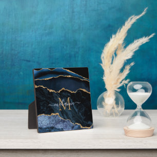Plaque Photo Agate Marine Blue Gold Gemstone Marble Nom du mono