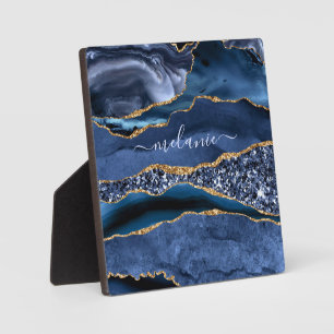 Plaque Photo Agate Marine Blue Gold Parties scintillant Gemston