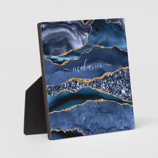 Plaque Photo Agate Marine Blue Gold Parties scintillant Gemston (Recto)