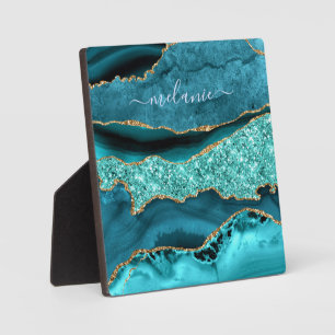 Plaque Photo Agate Turquoise Blue Gold Parties scintillant Gems