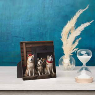 Plaque Photo Akita par le Noël de la cheminée