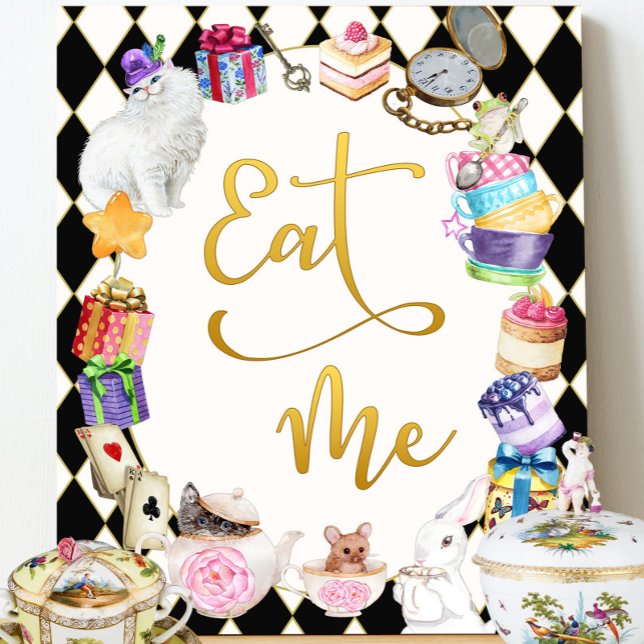 Plaque Photo Alice au pays des merveilles Mangez-moi, panneau d (Eat me sign Alice in wonderland mad tea party food sign)