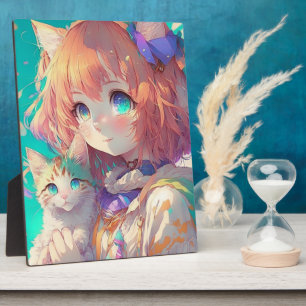 Plaque Photo Anime Girl Holding an Adorable Kitten