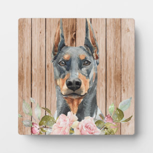 Plaque Photo Aquarelle Doberman & Fleurs 