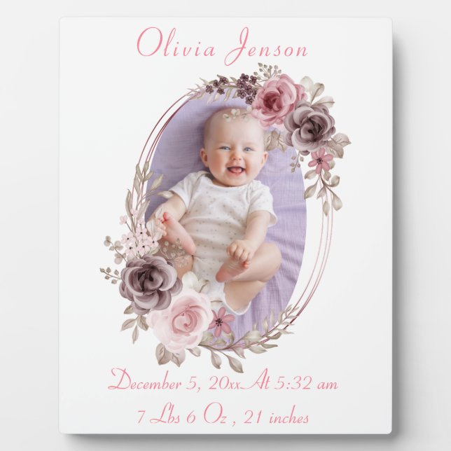 Plaque Photo Aquarelle Florale Rose Cute Bébé Fille Photo (Devant)