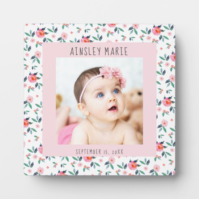 Plaque Photo Aquarelle rose Floral Nouveau bébé fille photo (Devant)