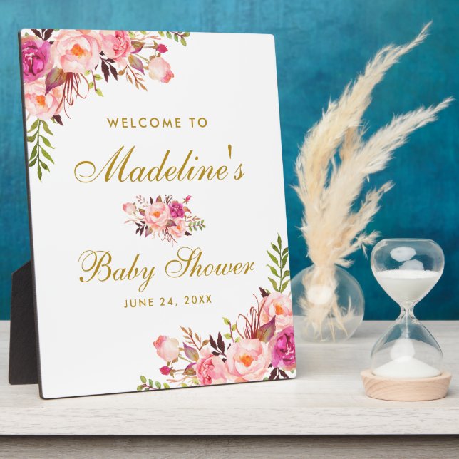 Plaque Photo Aquarelle rose Floral or Baby shower Bienvenue (Côté)