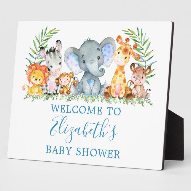 Plaque Photo Aquarelle Safari Animaux Baby shower Bleu (Côté)