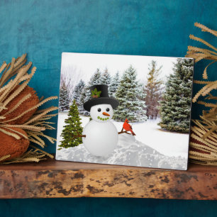 Plaque Photo Arbres de pin d'hiver Bonhomme de neige et oiseau 