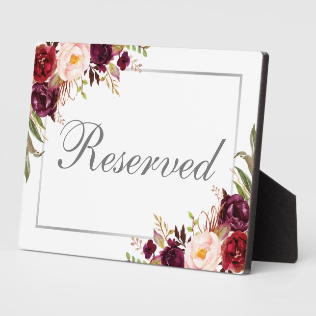 Plaque Photo Argent Floral Bourgogne Réservé 5x7 Tableau (Côté)