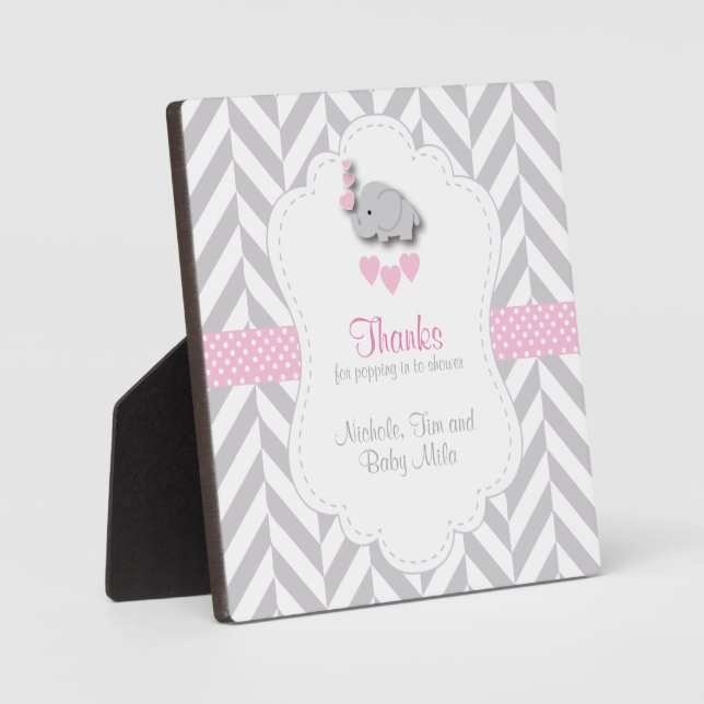 Plaque Photo Baby shower d'éléphant rose, gris blanc (Recto)