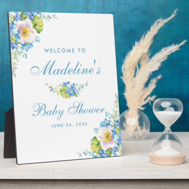 Plaque Photo Baby shower Floral Bleu Bienvenue (Côté)