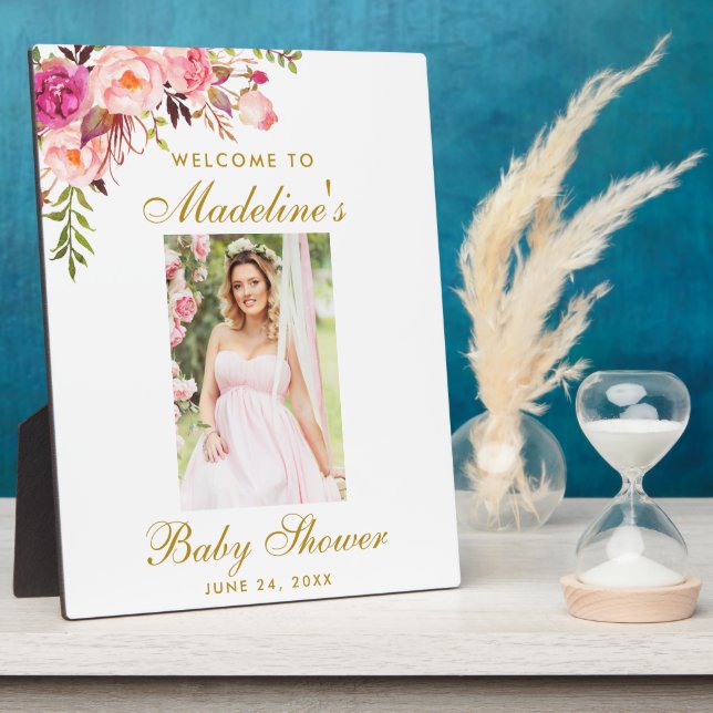 Plaque Photo Baby shower rose Floral Or Photo Bienvenue (Côté)