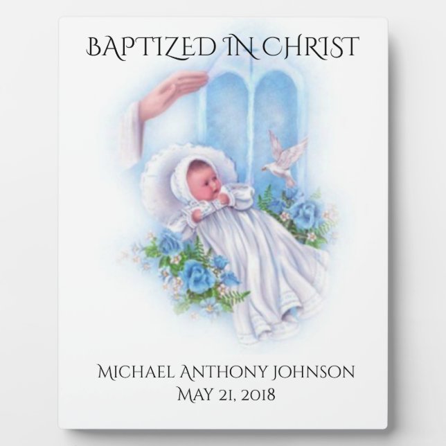 Plaque Photo Baptême Baby Boy Blue Flowers Dove (Devant)