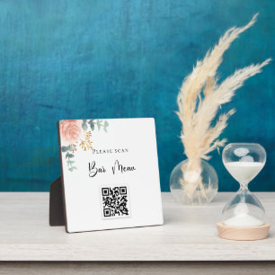 Plaque Photo Bar menu QR code blush floral eucalyptus