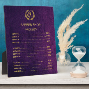 Plaque Photo Barber shop cuir violet look liste de prix