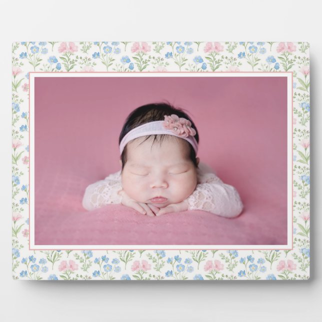 Plaque Photo Bébé à fleurs bleu et rose (Devant)