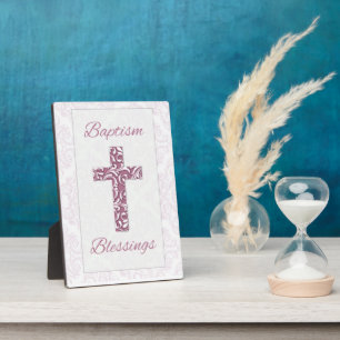 Plaque Photo Bénédictions de baptême fille Croix Damassée Rose