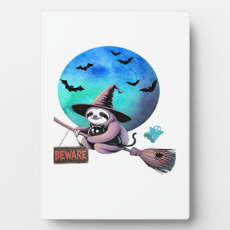 Plaque Photo Beware Cute Witch Sloth Flying on Broom Halloween 