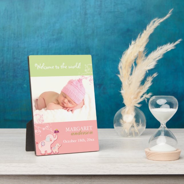 Plaque Photo Bienvenue bébé fille mignonne rose éléphant bébé p (Côté)