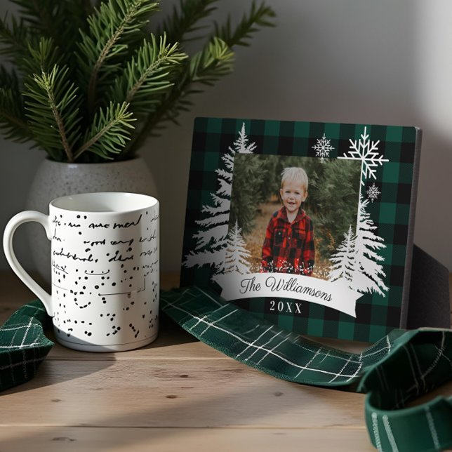 Plaque Photo Bison vert Plaid Rustique Pine Tree Photo famille (Green Buffalo Plaid Rustic Pine Tree Family Photo Plaque)