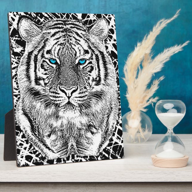 Plaque Photo Black and White Blue Eyes sauvage Tiger visage (Côté)