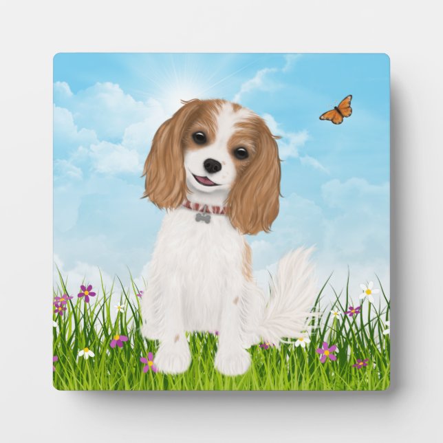 Plaque Photo Blenheim Cavalier King Charles Spaniel en fleurs (Devant)