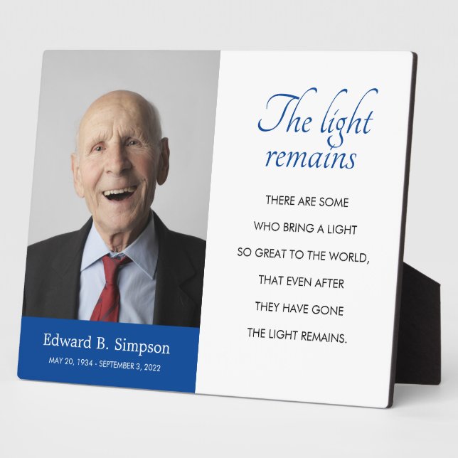 Plaque Photo Bleu La lumière reste funéraire Poème commémoratif (Côté)
