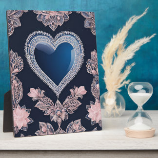 Plaque Photo Bleu marine et rose blush floral Heart AI art 