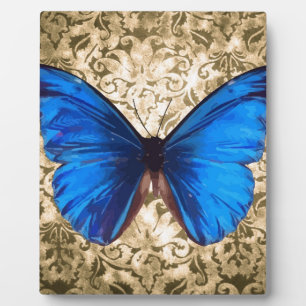 Plaque Photo Bleu monarque papillon damassé art Vintage