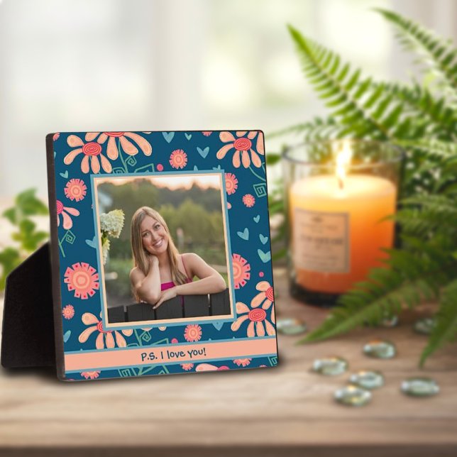 Plaque Photo Blue Floral Cute Photo Customisée Message d'amour (Créateur téléchargé)