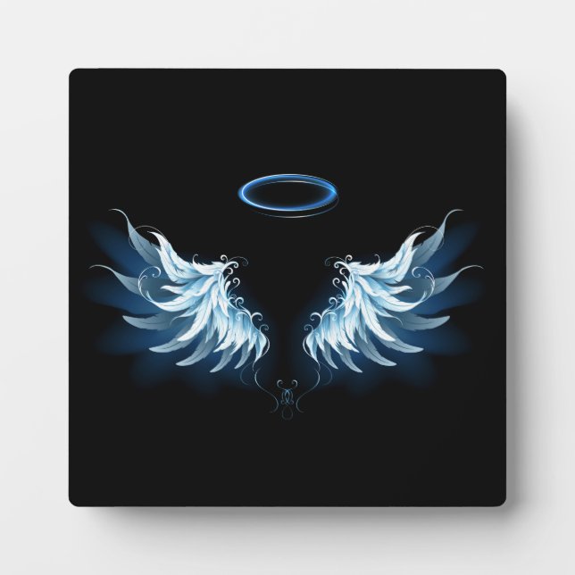 Plaque Photo Blue Glowing Angel Wings on black background (Devant)