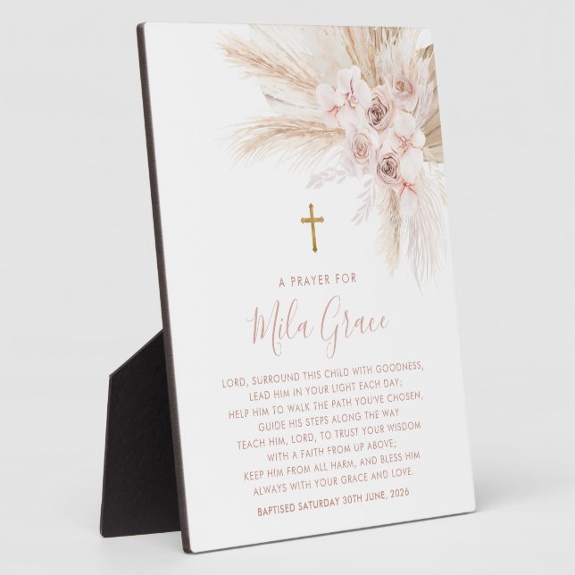 Plaque Photo Boho Pampas Pink Girl Floral Baptism Panneau de pr (Côté)