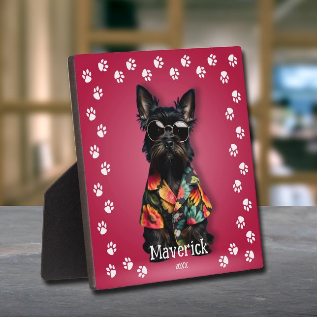Plaque Photo Bordure Empreinte de Patte Mignonne Schnauzer Anim (Cute Miniature Schnauzer pet easel-back plaque - CHANGE to your pet!)