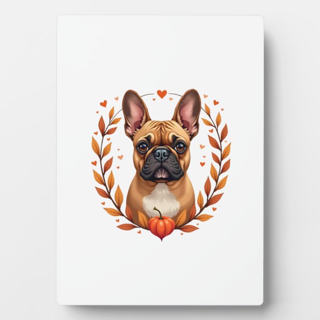 Plaque Photo Bouledogue français vintage avec couronne de feuil (Devant)