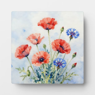 Plaque Photo Bouquet de coquelicot rouge aquarelle et de bleuet