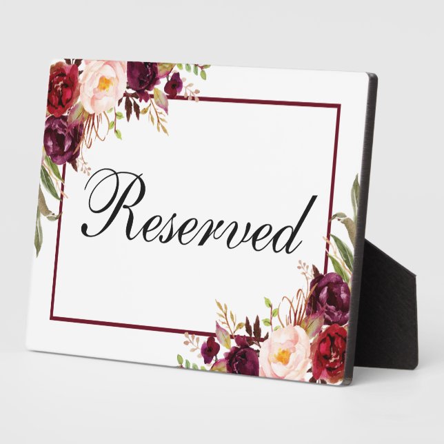 Plaque Photo Bourgogne Floral Réservé Mariage 5x7 Tableau (Côté)