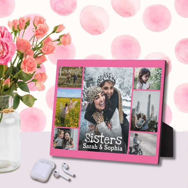 Plaque Photo Bright Dark Pink White Text Sisters Photo Collage (Créateur téléchargé)