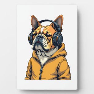 Plaque Photo Bulldog Vintage avec écouteurs portant un sweat à 